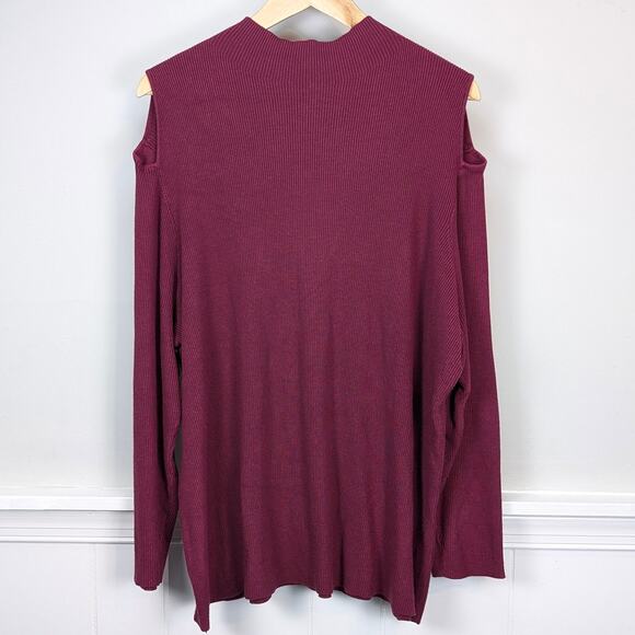 East Adeline Tops - Women’s Burgundy Maroon Knit Mock Turtleneck Cold Shoulder Dark Academia Top